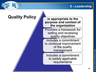DQS-ULManagementSystemsSolutions©
5 - Leadership
66
is appropriate to the
purpose and context of
the organization
Provides a framework for
setting and reviewing
quality objectives
Includes a commitment
to continual improvement
of the quality
management
Includes a commitment
to satisfy applicable
requirements
Quality Policy
 