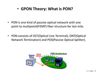 1010© 2017
• GPON Theory: What is PON?
• PON is one kind of passive optical network with one
point to multipoint(P2MP) fiber structure for last mile.
• PON consists of OLT(Optical Line Terminal), ONT(Optical
Network Termination) and POS(Passive Optical Splitter).
 
