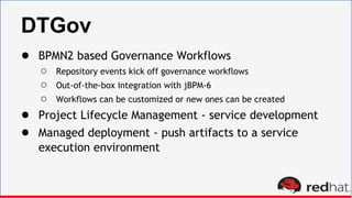 DTGov
● BPMN2 based Governance Workflows
○ Repository events kick off governance workflows
○ Out-of-the-box integration with jBPM-6
○ Workflows can be customized or new ones can be created
● Project Lifecycle Management - service development
● Managed deployment - push artifacts to a service
execution environment
 