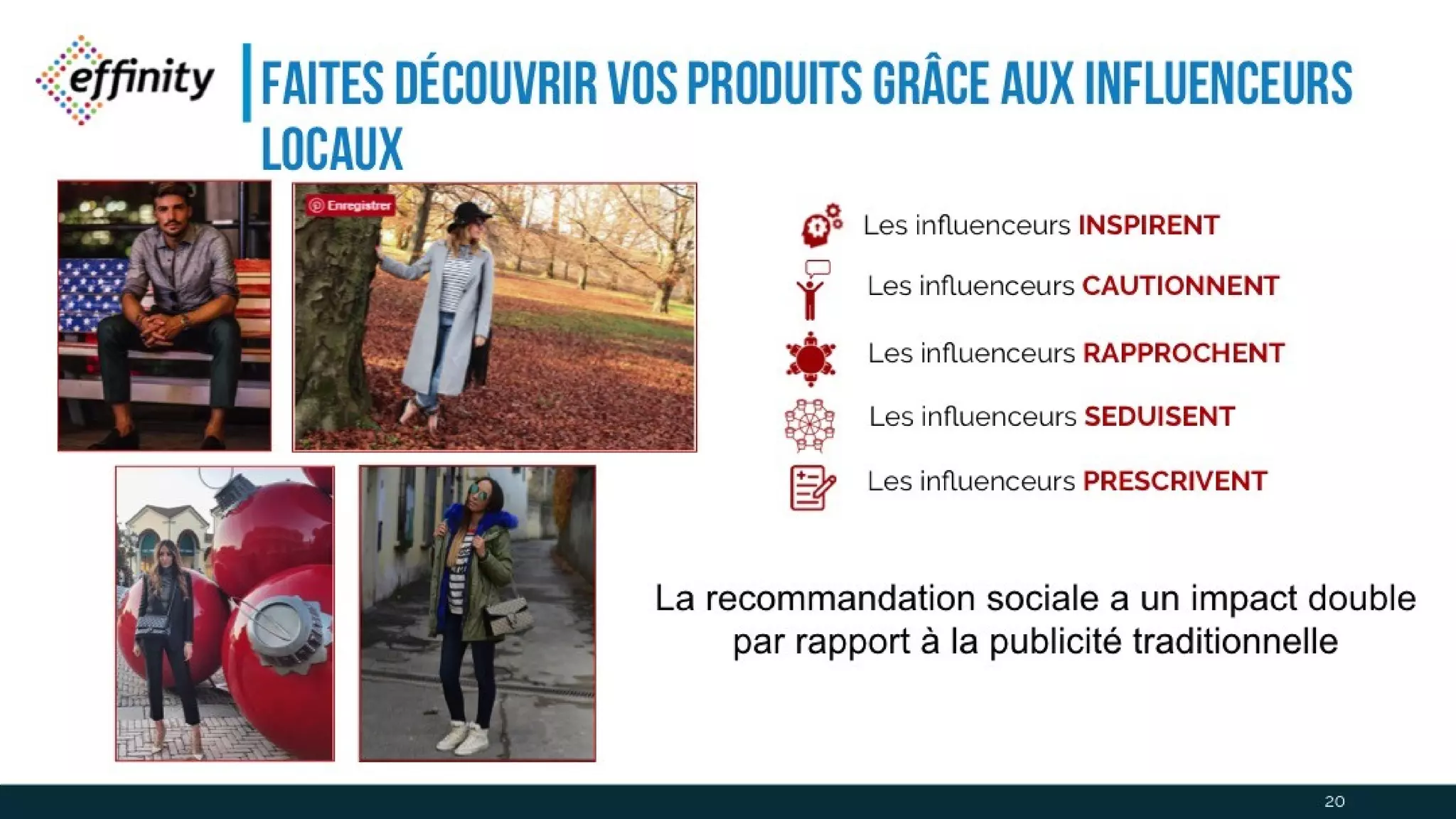 Faites découvrir vos produits grâce aux
influenceurs locaux
20
Les influenceurs INSPIRENT
Les influenceurs CAUTIONNENT
Les influenceurs RAPPROCHENT
Les influenceurs SEDUISENT
Les influenceurs PRESCRIVENT
La recommandation sociale a un impact double
par rapport à la publicité traditionnelle
 
