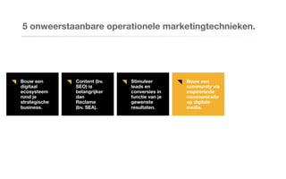 Bouw een
digitaal
ecosysteem
rond je
strategische
business.
Content (bv.
SEO) is
belangrijker
dan
Reclame
(bv. SEA).
Stimuleer
leads en
conversies in
functie van je
gewenste
resultaten.
Bouw een
community via
inspirerende
communicatie
op digitale
media.
5 onweerstaanbare operationele marketingtechnieken.
 