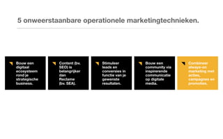 Bouw een
digitaal
ecosysteem
rond je
strategische
business.
Content (bv.
SEO) is
belangrijker
dan
Reclame
(bv. SEA).
Stimuleer
leads en
conversies in
functie van je
gewenste
resultaten.
Bouw een
community via
inspirerende
communicatie
op digitale
media.
Combineer
always-on
marketing met
acties,
campagnes en
promoties.
5 onweerstaanbare operationele marketingtechnieken.
 