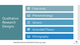 Qualitative
Research
Designs
Need help with your dissertation? Call 727-442-4290
Case study
Phenomenology
Generic
GroundedTheory
Ethnography
 