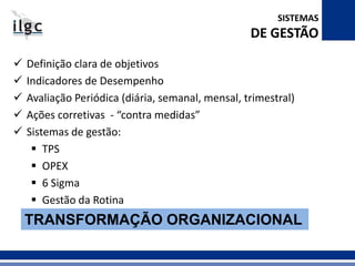  Definição clara de objetivos 
 Indicadores de Desempenho 
 Avaliação Periódica (diária, semanal, mensal, trimestral) 
 Ações corretivas - “contra medidas” 
 Sistemas de gestão: 
 TPS 
 OPEX 
 6 Sigma 
 Gestão da Rotina 
SISTEMAS 
DE GESTÃO 
TRANSFORMAÇÃO ORGANIZACIONAL 
