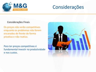 Considerações Finais 
Os preços não serão competitivos 
enquanto os problemas não forem 
encarados de frente de forma 
proativa e não reativa. 
Para ter preços competitivos é 
fundamental investir na produtividade 
e nos custos. 
Considerações 
