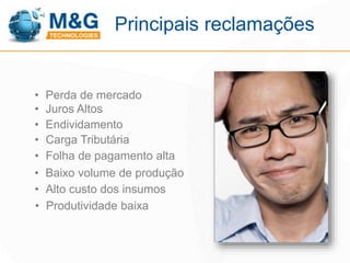 Principais reclamações 
• Perda de mercado 
• Juros Altos 
• Endividamento 
• Carga Tributária 
• Folha de pagamento alta 
• Baixo volume de produção 
• Alto custo dos insumos 
• Produtividade baixa 
 