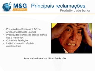 Principais reclamações 
Produtividade baixa 
• Produtividade Brasileira é 1/5 da 
Americana (Revista Exame) 
• Produtividade Brasileira cresce menos 
que o PIB (IPEA) 
• Custos de Produção 
• Indústria com alto nível de 
obsolescência 
Tema predominante nas discussões de 2014 
 