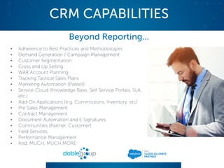 CRM CAPABILITIES
Beyond Reporting…
• Adherence to Best Practices and Methodologies
• Demand Generation / Campaign Management
• Customer Segmentation
• Cross and Up Selling
• WAR Account Planning
• Tracking Tactical Sales Plans
• Marketing Automation (Pardot)
• Service Cloud (Knowledge Base, Self Service Portals, SLA,
etc.)
• Add-On Applications (e.g. Commissions, Inventory, etc)
• Pre Sales Management
• Contract Management
• Document Automation and E Signatures
• Communities (Partner, Customer)
• Field Services
• Performance Management
• And, MUCH, MUCH MORE
 