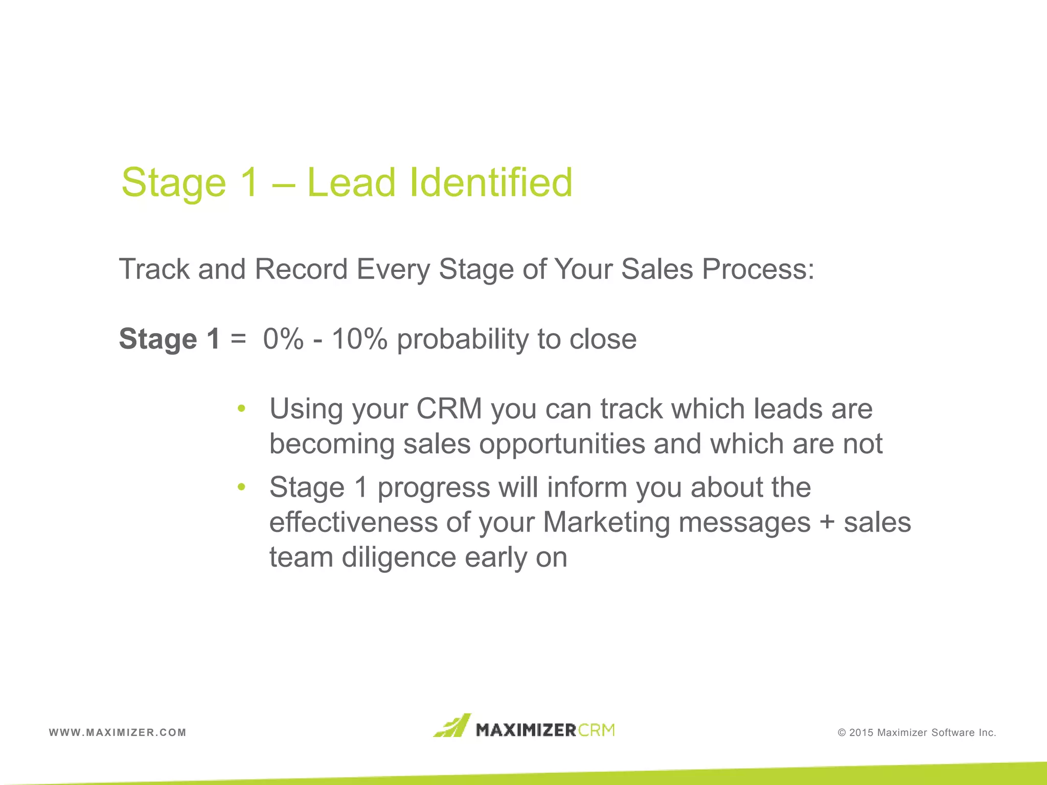 WWW.MAXIMIZER.COM © 2015 Maximizer Software Inc.
Track and Record Every Stage of Your Sales Process:
Stage 1 = 0% - 10% probability to close
• Using your CRM you can track which leads are
becoming sales opportunities and which are not
• Stage 1 progress will inform you about the
effectiveness of your Marketing messages + sales
team diligence early on
Stage 1 – Lead Identified
 