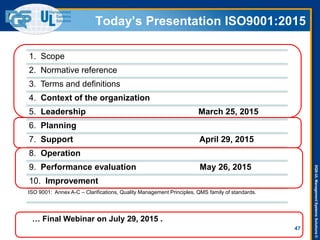 DQS-ULManagementSystemsSolutions©
Today’s Presentation ISO9001:2015
1. Scope
2. Normative reference
3. Terms and definitions
4. Context of the organization
5. Leadership March 25, 2015
6. Planning
7. Support April 29, 2015
8. Operation
9. Performance evaluation May 26, 2015
10. Improvement
ISO 9001: Annex A-C – Clarifications, Quality Management Principles, QMS family of standards.
47
… Final Webinar on July 29, 2015 .
 