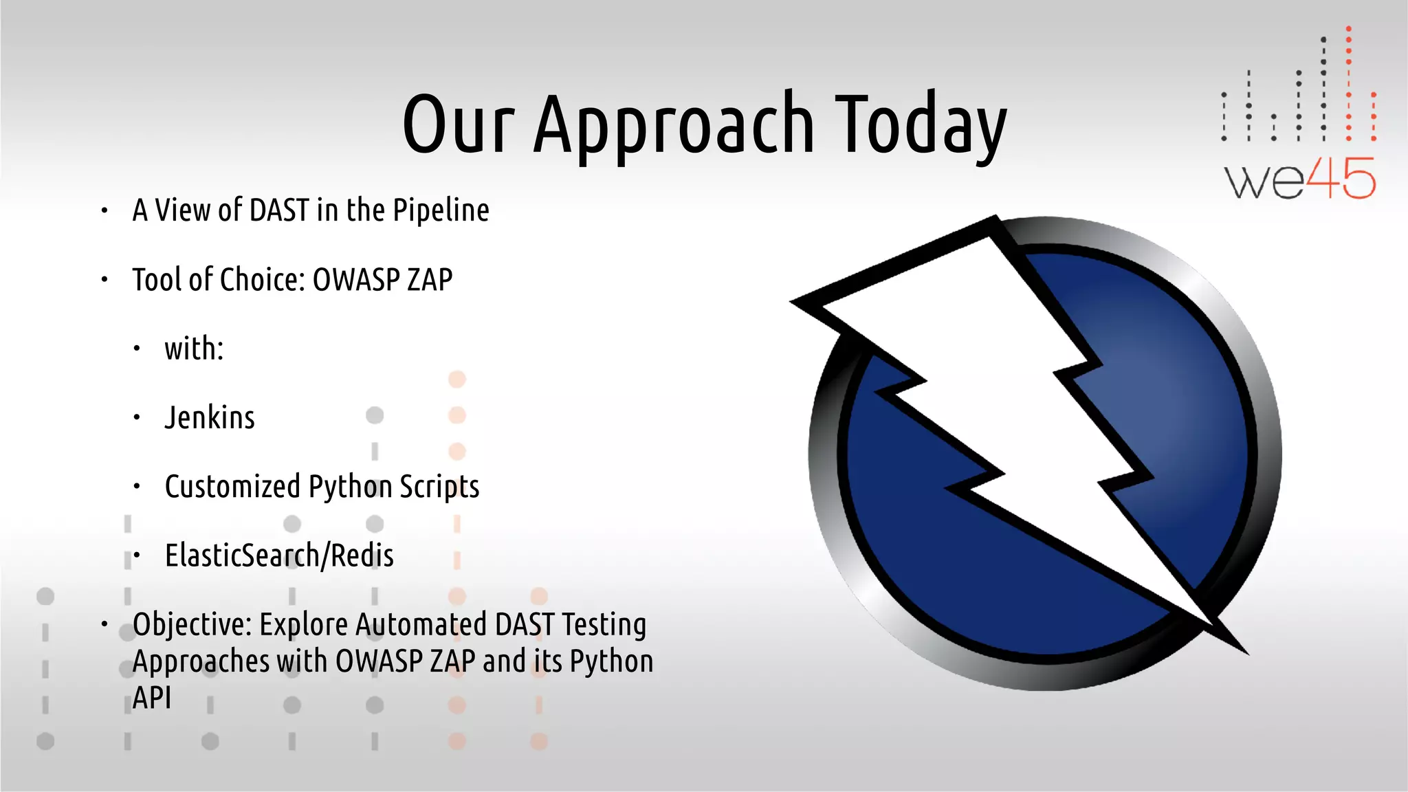 Our Approach Today
• A View of DAST in the Pipeline
• Tool of Choice: OWASP ZAP
• with:
• Jenkins
• Customized Python Scripts
• ElasticSearch/Redis
• Objective: Explore Automated DAST Testing
Approaches with OWASP ZAP and its Python
API
 