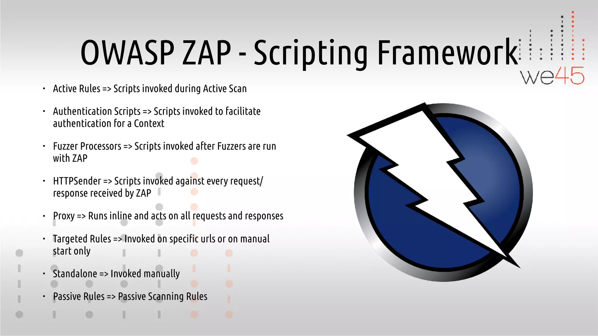 OWASP ZAP - Scripting Framework
• Active Rules => Scripts invoked during Active Scan
• Authentication Scripts => Scripts invoked to facilitate
authentication for a Context
• Fuzzer Processors => Scripts invoked after Fuzzers are run
with ZAP
• HTTPSender => Scripts invoked against every request/
response received by ZAP
• Proxy => Runs inline and acts on all requests and responses
• Targeted Rules => Invoked on specific urls or on manual
start only
• Standalone => Invoked manually
• Passive Rules => Passive Scanning Rules
 