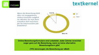 Online-Bewerbungsformulare sind unbeliebt: Jeder Zehnte verzichtet
sogar ganz auf die Bewerbung, wenn es keine alternative
Bewerbungsform gibt!
(70% bevorzugen die Bewerbung per eMail)
 