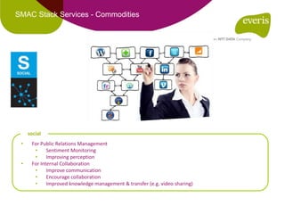 SMAC Stack Services - Commodities
• For Public Relations Management
• Sentiment Monitoring
• Improving perception
• For Internal Collaboration
• Improve communication
• Encourage collaboration
• Improved knowledge management & transfer (e.g. video sharing)
social
 