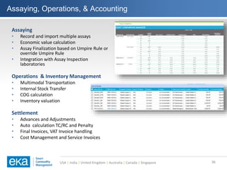 USA | India | United Kingdom | Australia | Canada | Singapore
Assaying, Operations, & Accounting
36
Assaying
• Record and import multiple assays
• Economic value calculation
• Assay Finalization based on Umpire Rule or
override Umpire Rule
• Integration with Assay Inspection
laboratories
Operations & Inventory Management
• Multimodal Transportation
• Internal Stock Transfer
• COG calculation
• Inventory valuation
Settlement
• Advances and Adjustments
• Auto calculation TC/RC and Penalty
• Final Invoices, VAT Invoice handling
• Cost Management and Service Invoices
 