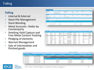 USA | India | United Kingdom | Australia | Canada | Singapore
Tolling
37
Tolling
• Internal & External
• Stock Pile Management
• Stock Blending
• Metal Accounts –Debts by
Counterparty
• Smelting Yield Capture and
Free Metal Content Tracking
• Pledging of elements
• Warrant Management
• Sale of intermediate and
finished goods
 