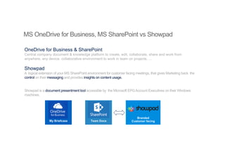Microsoft integrations!
•  Showpad has partnered with Microsoft specialist Orbit One
www.orbitone.com!
!
•  Together we ar...