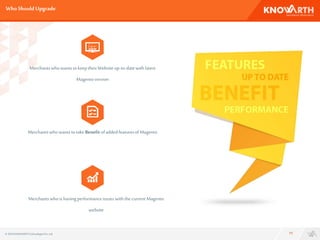 Who Should Upgrade
11
MerchantswhowantstokeeptheirWebsiteup-to-datewithlatest
Magentoversion
Merchantswhowantstotake Benefitofaddedfeaturesof Magento
Merchantswhoishavingperformanceissueswiththecurrent Magento
website
© 2016 KNOWARTHTechnologiesPvt. Ltd.
 