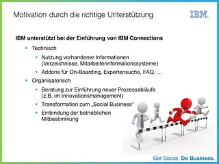 IBM unterstützt bei der Einführung von IBM Connections

Technisch
Nutzung vorhandener Informationen
(Verzeichnisse, Mitarbeiterinformationssysteme)
Addons für On-Boarding,  Expertensuche,  FAQ,  …  

Organisatorisch
Beratung zur Einführung neuer Prozessabläufe
(z.B. im Innovationsmanagement)
Transformation  zum  „Social  Business“

Einbindung der betrieblichen
Mitbestimmung

 