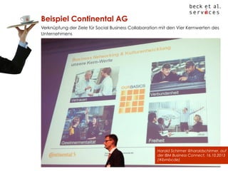 Beispiel Continental AG
Verknüpfung der Ziele für Social Business Collaboration mit den Vier Kernwerten des
Unternehmens

Harald Schirmer @haraldschirmer, auf
der IBM Business Connect, 16.10.2013
(#ibmbcde)
© Beck et al. Services GmbH

 