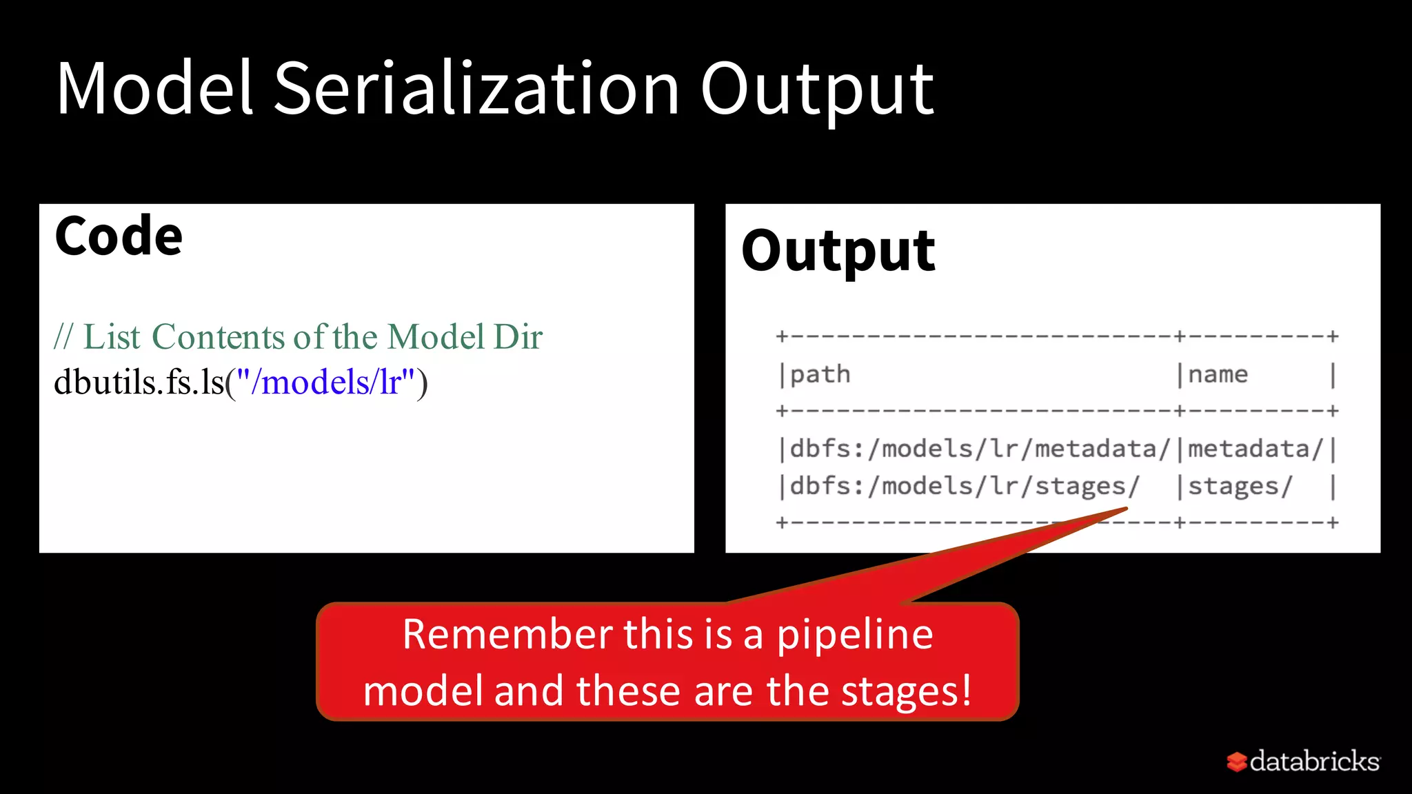 Model Serialization Output
Code
// List Contents of the Model Dir
dbutils.fs.ls("/models/lr")
•
Output
Remember	this	is	a	pipeline	
model	and	these	are	the	stages!
 