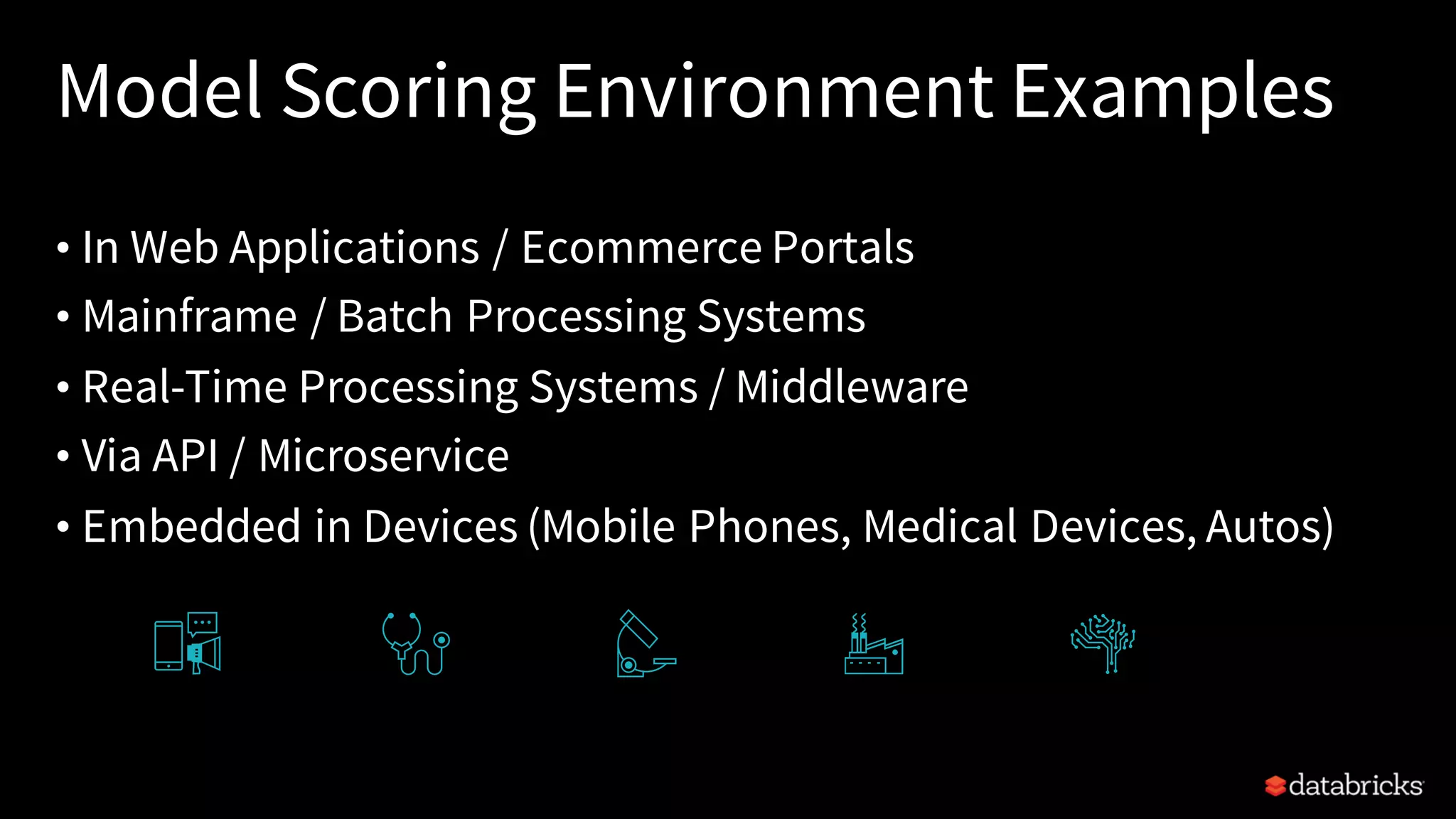 Model Scoring Environment Examples
• In Web Applications / Ecommerce Portals
• Mainframe / Batch Processing Systems
• Real-Time Processing Systems / Middleware
• Via API / Microservice
• Embedded in Devices (Mobile Phones, Medical Devices, Autos)
 