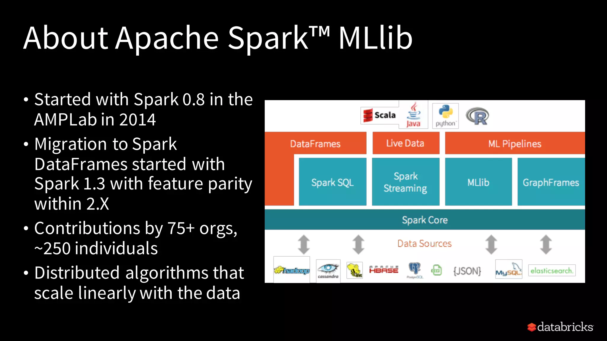 About Apache Spark™ MLlib
• Started with Spark 0.8 in the
AMPLab in 2014
• Migration to Spark
DataFrames started with
Spark 1.3 with feature parity
within 2.X
• Contributions by 75+ orgs,
~250 individuals
• Distributed algorithms that
scale linearly with the data
 