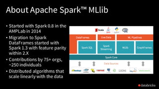 About Apache Spark™ MLlib
• Started with Spark 0.8 in the
AMPLab in 2014
• Migration to Spark
DataFrames started with
Spar...