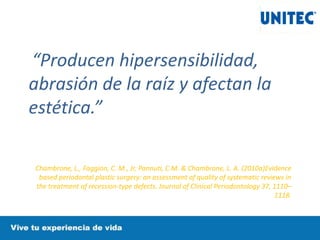 “Producen hipersensibilidad,
abrasión de la raíz y afectan la
estética.”
Chambrone, L., Faggion, C. M., Jr, Pannuti, C.M. & Chambrone, L. A. (2010a)Evidence
based periodontal plastic surgery: an assessment of quality of systematic reviews in
the treatment of recession-type defects. Journal of Clinical Periodontology 37, 1110–
1118.
 