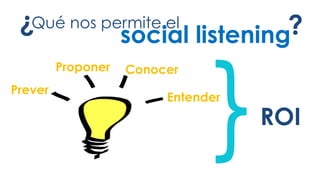 #FormaciónEBusiness
social listening
Qué nos permite el¿ ¿
Prever
Proponer Conocer
Entender
ROI
 