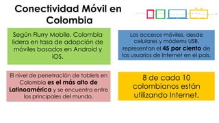 #FormaciónEBusiness
Los accesos móviles, desde
celulares y módems USB,
representan el 45 por ciento de
los usuarios de Internet en el país.
El nivel de penetración de tablets en
Colombia es el más alto de
Latinoamérica y se encuentra entre
los principales del mundo.
Según Flurry Mobile, Colombia
lidera en tasa de adopción de
móviles basados en Android y
iOS.
8 de cada 10
colombianos están
utilizando Internet.
Conectividad Móvil en
Colombia
 