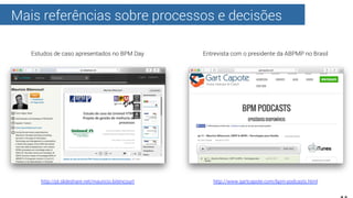 Mais referências sobre processos e decisões
http://www.gartcapote.com/bpm-podcasts.htmlhttp://pt.slideshare.net/mauricio.bitencourt
Estudos de caso apresentados no BPM Day Entrevista com o presidente da ABPMP no Brasil
 