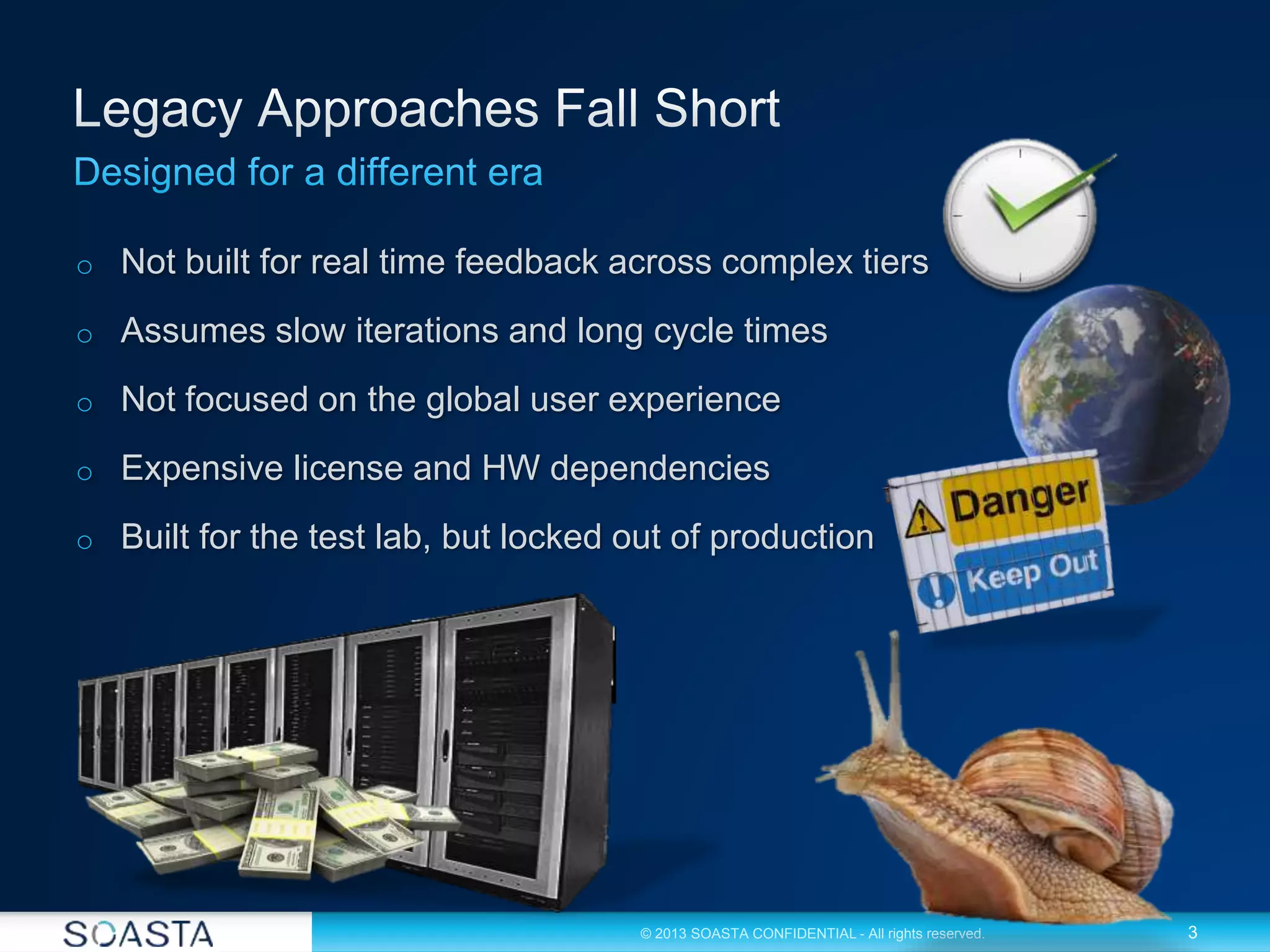 3© 2013 SOASTA CONFIDENTIAL - All rights reserved.
o Not built for real time feedback across complex tiers
o Assumes slow iterations and long cycle times
o Not focused on the global user experience
o Expensive license and HW dependencies
o Built for the test lab, but locked out of production
 