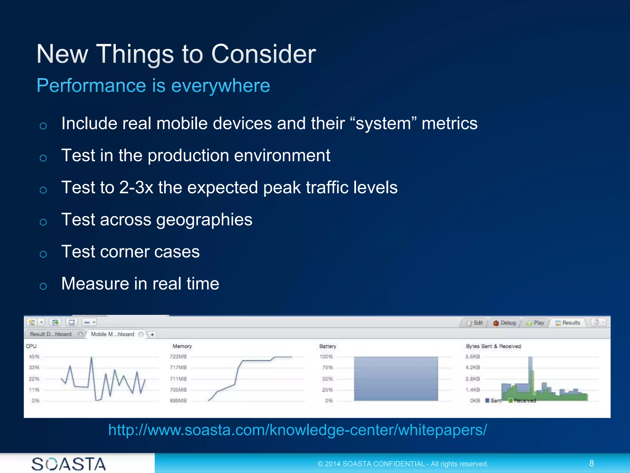 8© 2014 SOASTA CONFIDENTIAL - All rights reserved.
o Include real mobile devices and their “system” metrics
o Test in the production environment
o Test to 2-3x the expected peak traffic levels
o Test across geographies
o Test corner cases
o Measure in real time
http://www.soasta.com/knowledge-center/whitepapers/
 