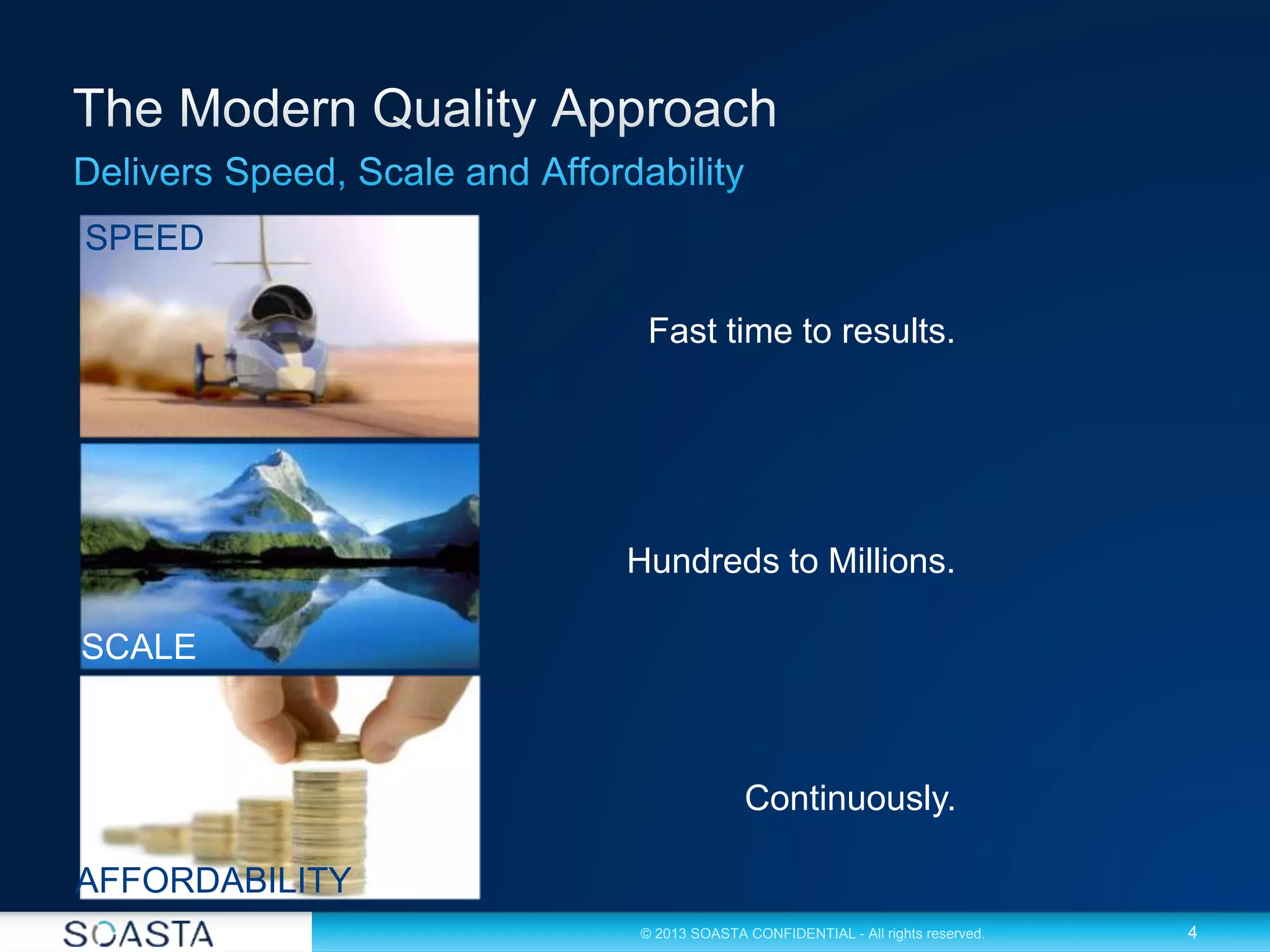 4© 2013 SOASTA CONFIDENTIAL - All rights reserved.
Fast time to results.
SPEED
Hundreds to Millions.
SCALE
Continuously.
AFFORDABILITY
 