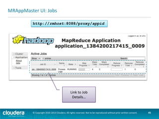 MRAppMaster UI: Tasks
http://rmhost:8088/proxy/appid/mapreduce/job/jobid

© Copyright 2010-2013 Cloudera. All rights reserved. Not to be reproduced without prior written consent.

45

 