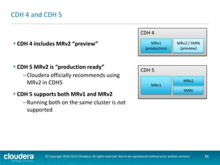 Compatibility
 CDH
–Complete binary compatibility – programs compiled for MRv1 will run
without recompilation
–Source compatibility for almost all programs
–Small number of exceptions noted here:
blog.cloudera.com: Migrating to MapReduce 2 on YARN
Migration Path

CDH4/MR2  CDH5/MR2
CDH4/MR1  CDH5/MR2
CDH5/MR1  CDH5/MR2

Binary Support?

✓
✓
✓

© Copyright 2010-2013 Cloudera. All rights reserved. Not to be reproduced without prior written consent.

51

 