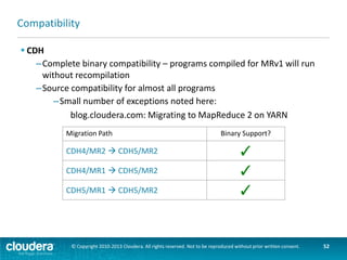 MR2 and the Hadoop Ecosystem
Cloudera Enterprise 4
Cloudera Manager
MRv1
 Cloudera 5 includes MR2 support for:
(production)
–Cloudera Manager and Hue
–All ecosystem projects that use MR
–Hive, Pig, Mahout, Crunch, etc.
Cloudera Enterprise 5
–Impala

Cloudera
Manager
MRv2 / YARN
(preview)

Cloudera Manager
MR applications

MRv1

MRv2

Impala
YARN

© Copyright 2010-2013 Cloudera. All rights reserved. Not to be reproduced without prior written consent.

52

 