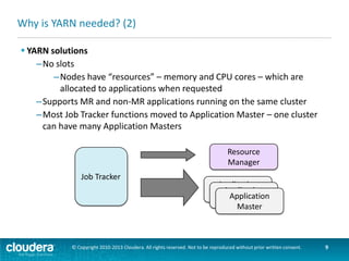 YARN Daemons
 Resource Manager (RM)
–Runs on master node
–Global resource scheduler
–Arbitrates system resources between competing
applications

 Node Manager (NM)
–Runs on slave nodes
–Communicates with RM

Resource
Manager

NodeManager

NodeManager

© Copyright 2010-2013 Cloudera. All rights reserved. Not to be reproduced without prior written consent.

9

 