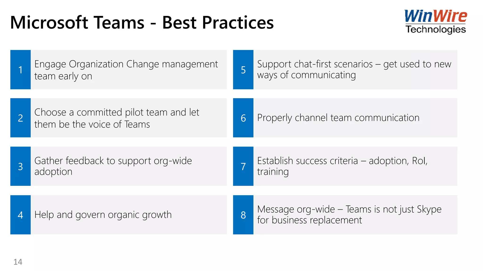 Microsoft Teams - Best Practices
1
Engage Organization Change management
team early on
5
Support chat-first scenarios – get used to new
ways of communicating
2
Choose a committed pilot team and let
them be the voice of Teams
6 Properly channel team communication
3
Gather feedback to support org-wide
adoption 7
Establish success criteria – adoption, RoI,
training
4 Help and govern organic growth 8
Message org-wide – Teams is not just Skype
for business replacement
14
 