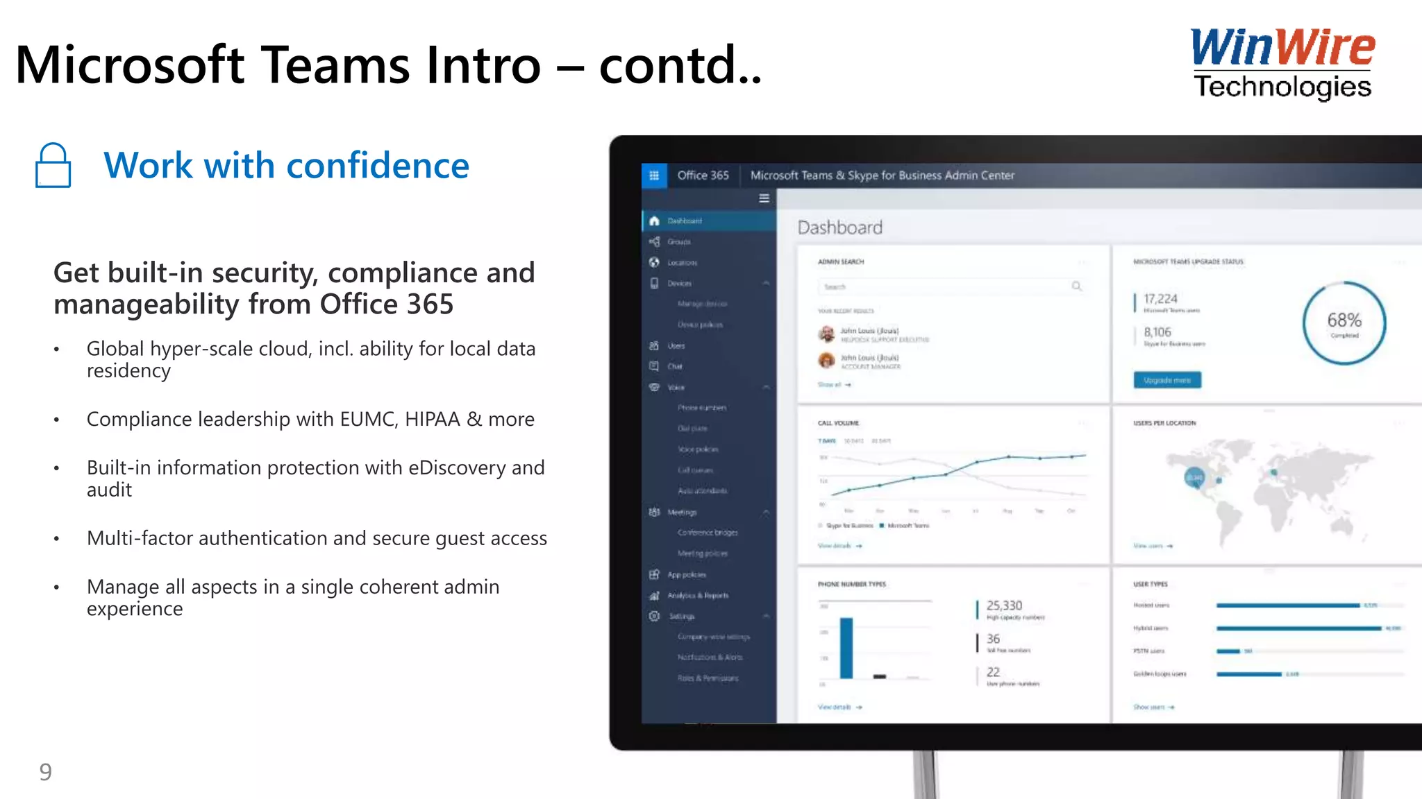 Work with confidence
Get built-in security, compliance and
manageability from Office 365
• Global hyper-scale cloud, incl. ability for local data
residency
• Compliance leadership with EUMC, HIPAA & more
• Built-in information protection with eDiscovery and
audit
• Multi-factor authentication and secure guest access
• Manage all aspects in a single coherent admin
experience
Microsoft Teams Intro – contd..
9
 