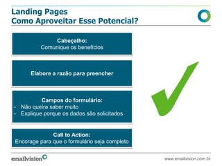 Landing Pages
Como Aproveitar Esse Potencial?
Cabeçalho:
Comunique os benefícios
Elabore a razão para preencher
Campos do formulário:
- Não queira saber muito
- Explique porque os dados são solicitados
Call to Action:
Encorage para que o formulário seja completo
www.emailvision.com.br
 