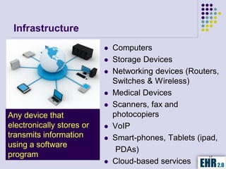 Infrastructure
                              Computers
                              Storage Devices
                              Networking devices (Routers,
                               Switches & Wireless)
                              Medical Devices
                              Scanners, fax and
Any device that                photocopiers
electronically stores or      VoIP
transmits information         Smart-phones, Tablets (ipad,
using a software
                                PDAs)
program                                                 17
                              Cloud-based services
 