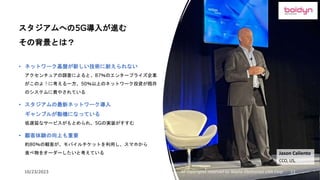 10/23/2023 All Copyrights reserved by Nissho Electronics USA Corp 11
スタジアムへの5G導入が進む
その背景とは？
• ネットワーク基盤が新しい技術に耐えられない
アクセンチュアの調査によると、87％のエンタープライズ企業
がこのように考える一方、50％以上のネットワーク投資が既存
のシステムに費やされている
• スタジアムの最新ネットワーク導入
ギャンブルが動機になっている
低遅延なサービスがもとめられ、5Gの実装がすすむ
• 顧客体験の向上も重要
約80％の観客が、モバイルチケットを利用し、スマホから
食べ物をオーダーしたいと考えている Jason Caliento
CCO, US,
 