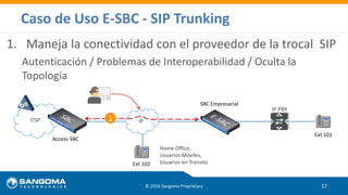 Caso de Uso E-SBC - SIP Trunking
© 2016 Sangoma Proprietary 17
1. Maneja la conectividad con el proveedor de la trocal SIP
Autenticación / Problemas de Interoperabilidad / Oculta la
Topología
ITSP
IP-PBX
IP
Home Office,
Usuarios Móviles,
Usuarios en Transito
Ext 101
Ext 102
Access SBC
SBC Empresarial
1
 