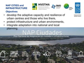 NAP CITIES and
INFRASTRUCTURE
Objectives
• develop the adaptive capacity and resilience of
urban centres and those who live there,
• protect infrastructure and urban environments,
• integrate adaptation into national and local
planning.
 