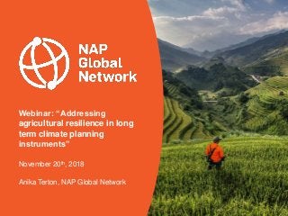 Webinar: “Addressing
agricultural resilience in long
term climate planning
instruments”
November 20th, 2018
Anika Terton, NAP Global Network
 