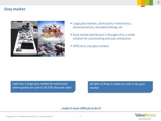 11Copyright © 2013 ValueNotes Database Pvt Ltd. All rights reserved.
…make it more difficult to do CI
Grey market
 Large grey markets, particularly in electronics,
pharmaceuticals, branded clothing, etc
 Grey market distribution is thought of as a viable
solution for overstocking and over production
 Difficult to size grey markets
India has a huge grey market for electronics
where goods are sold at 20-25% discount rates
60-90% of iPods in India are sold in the grey
market
 