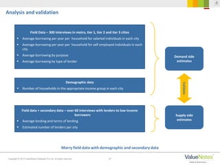 31Copyright © 2013 ValueNotes Database Pvt Ltd. All rights reserved.
Marry field data with demographic and secondary data
Analysis and validation
Field Data – 300 interviews in metro, tier 1, tier 2 and tier 3 cities
 Average borrowing per year per household for salaried individuals in each city
 Average borrowing per year per household for self employed individuals in each
city
 Average borrowing by purpose
 Average borrowing by type of lender
Demographic data
 Number of households in the appropriate income group in each city
Demand side
estimates
Supply side
estimates
Field data + secondary data – over 60 interviews with lenders to low income
borrowers
 Average lending and terms of lending
 Estimated number of lenders per city
Validate
 