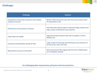 34Copyright © 2013 ValueNotes Database Pvt Ltd. All rights reserved.
For challenging data requirements, primaries and more primaries…
Challenges
Challenges Solutions
Competitors small private companies with complex
company structures
Relied on ROC documents and a LOT of primary research (over
70 respondents in all)
No literature on the product or industry
Interviews with industry experts, food technology institutes and
large number of distributors and customers
Import data not reliable
Augmented import statistics with calls to suppliers in China,
Malaysia, etc.
Customers and distributors spread all India
Large number of interviews with distributors and customers of
all sizes across cities of all sizes
Many diverse sources of information
Built up the picture like a jigsaw with bits from multiple places.
Lot of validation involved.
 